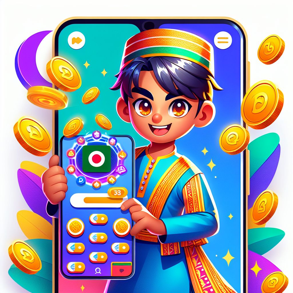 Cartoon gamer holding a phone with a 777bed app screen, coins and game icons around