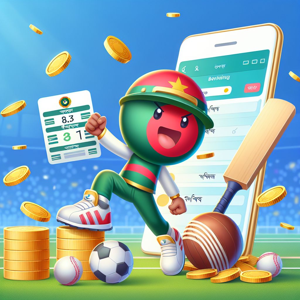 777bed Bet cartoon character holding a ticket with sports icons and coins
