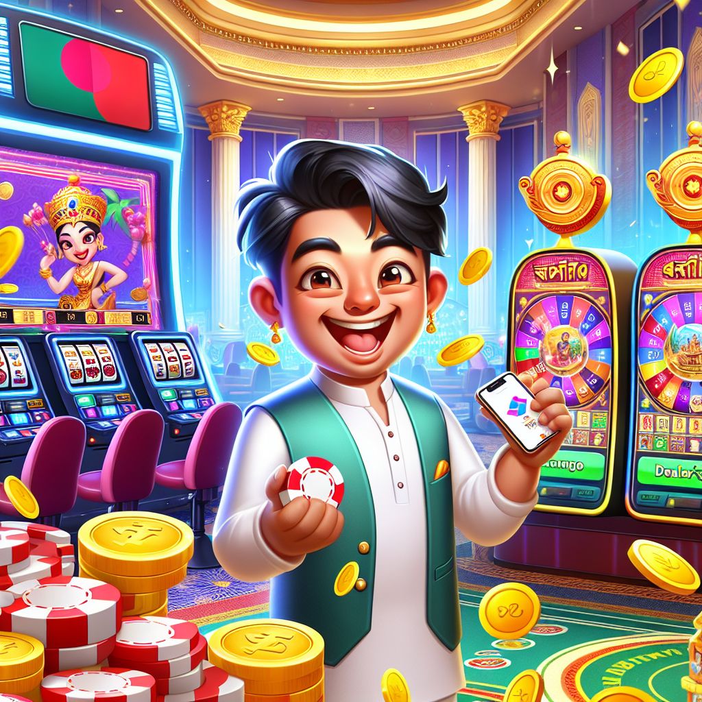 777bed Casino cartoon character holding chips with slot reels and live table background